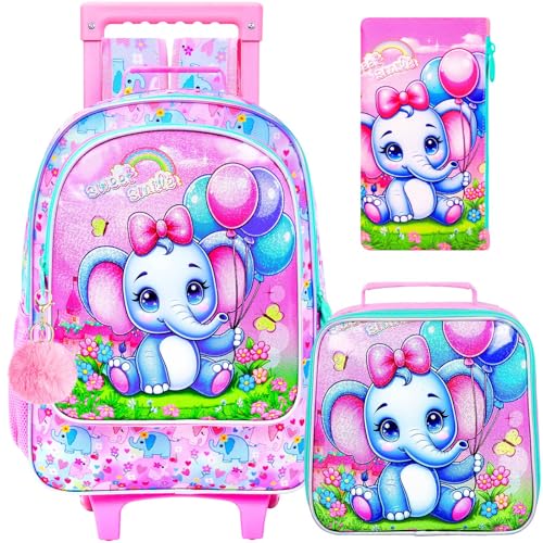 Image of CCJPX 3PCS Rolling Backpack for Girls,Kids Backpacks with Roller Wheels and Lunch Box, Wheeled Bookbag for Toddler Elementary School