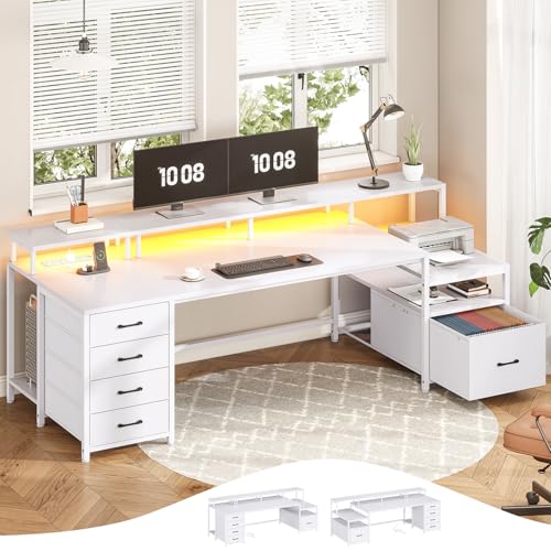 SEDETA White Computer Desk with 5 Drawer & Power Outlet, 75'' Home Office Desk with File Drawer, Storage Shelves, Printer Cabinet and Monitor Shelf, Gaming Desk with Led Lights, 23.6' W Desktop