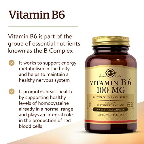 Solgar Vitamin B6 100 Mg, 250 Vegetable Capsules - Supports Energy Metabolism, Heart Health & Healthy Nervous System - Non-Gmo, Vegan, Gluten Free, Dairy Free, Kosher, Halal - 250 Servings #TOP2