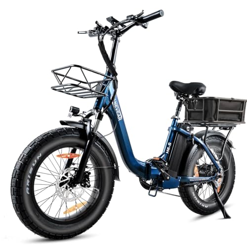 HANEVEAR Elektrofahrräder 20 Zoll E Bike Klapprad Pedelec 24Ah/48V Lithium-Akku | bis zu 140km, 250W Heckmotor, Hydraulische Bremse, Elektrofahrrad City für Damen Herren (Blau mit Fahrradkorb hinten)