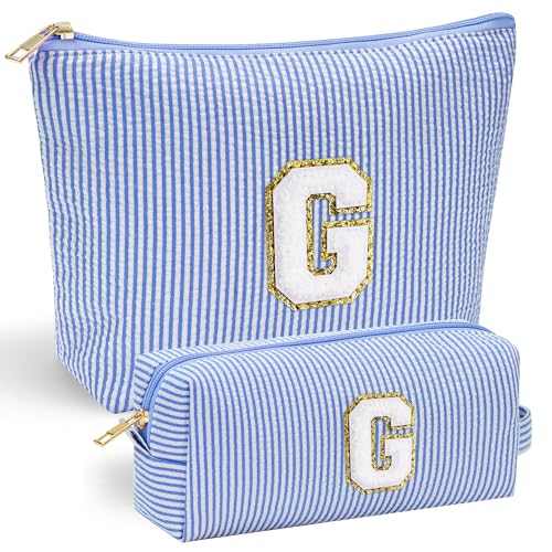 YOOLIFE Personalized Initial Makeup Bag, Unique Stitch Chenille Letter, Blue, Cosmetic Case, Women's Makeup Bag, Travel Makeup Bag, Gift for Her