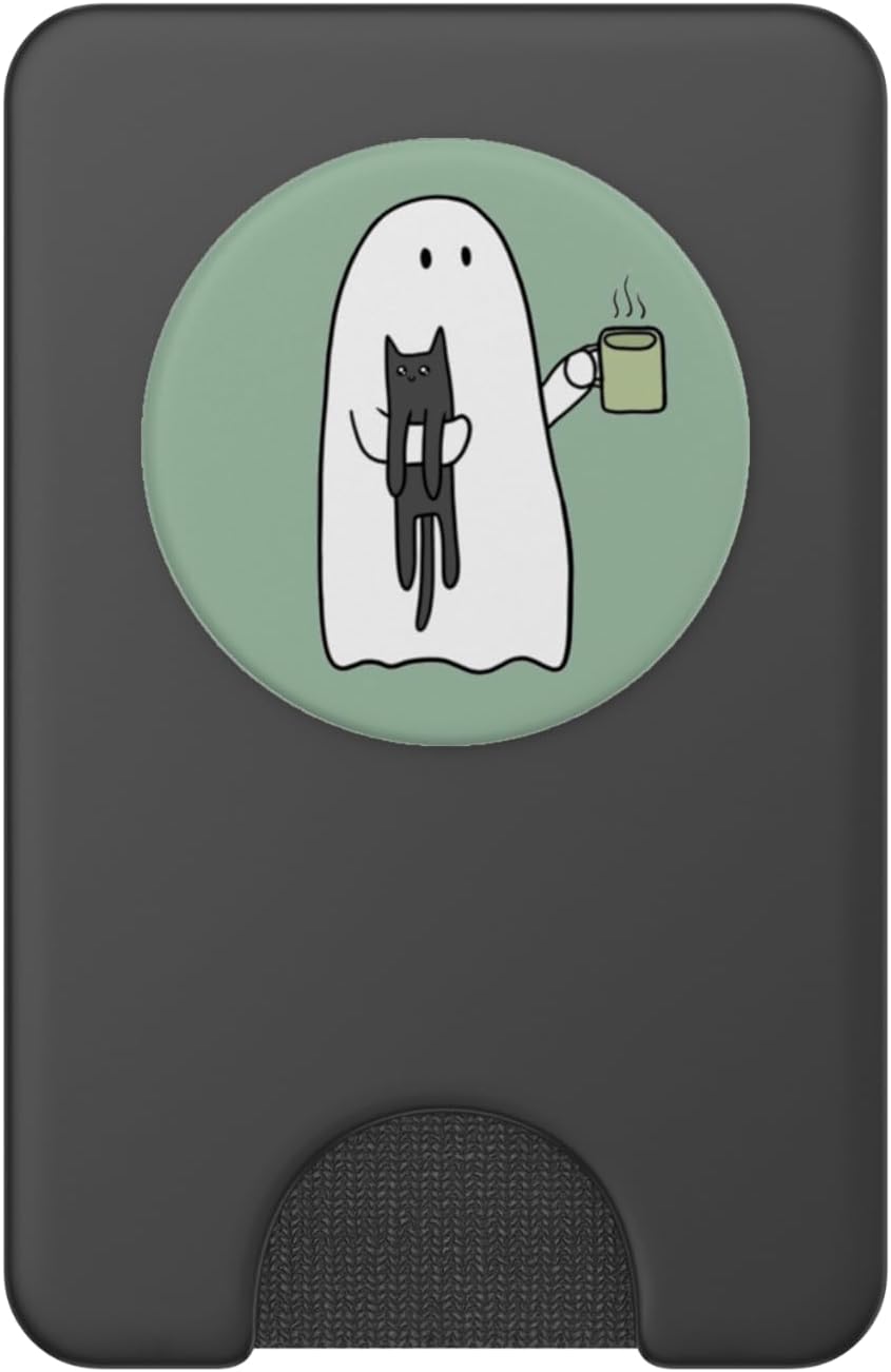 Spooky Ghost Holding Cat Coffee Lover Bookish Reading PopSockets PopWallet for MagSafe