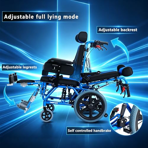 Image of Pediatric Full Reclining Wheelchair, Heavy Duty 220 lbs Capacity Folding Kids Wheelchair, Children's Mobility Wheelchair,Multi-Functional Disabled Children,for Cerebral Palsy (Blue)