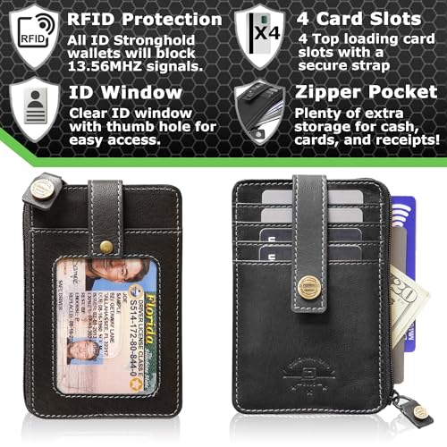 Image of ID Stronghold RFID Blocking Front Pocket Wallet - Slim Minimalist Genuine Leather Wallet with Zipper Coin Pocket (Mega Black)