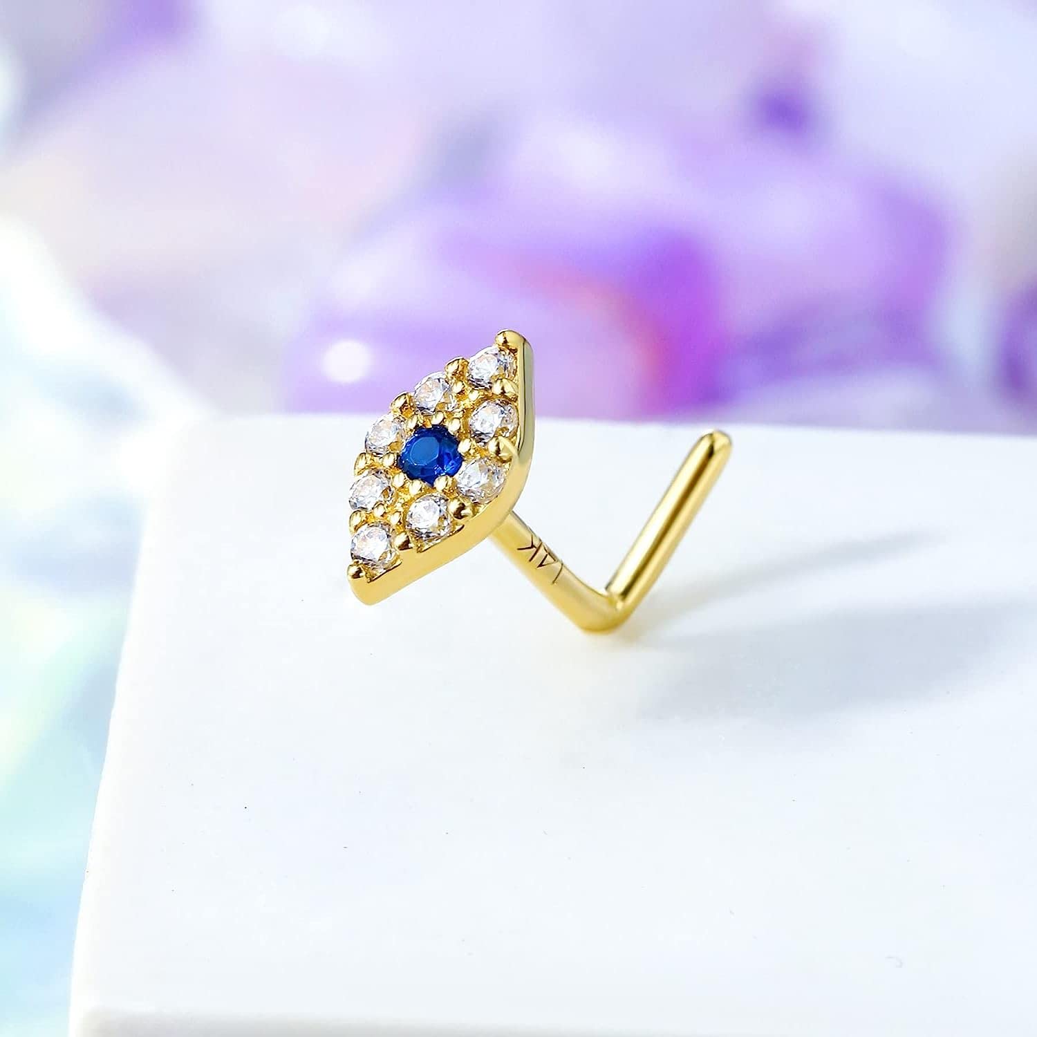 CM Crareesi Mania Piercing de nariz de oro de 14 quilates, calibre 20, ojo EviL de 14 quilates, oro macizo de 14 quilates, aretes de nariz en forma de L, juego de puntas para piercing de nariz,