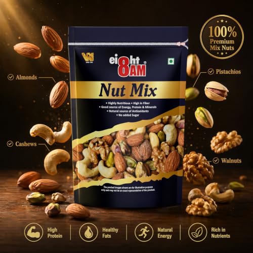 Image of 8AM Nut Mix Dry Fruits, 200gm | Made with Nutritious Ingredient Almonds, Cashews, Walnuts and Pistachios | Healthy and Tasty Snack, Rich Source of Zinc, Potassium and Iron, High Dietary Fibre