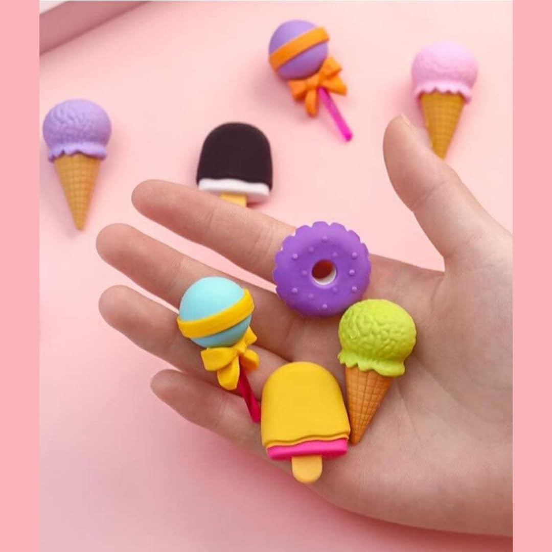 KRAVORAH Pink-Themed Stationery Gift Set – 6 Fun Items: Ice Cream Sharpener, Teddy Bear Eraser/Sharpener, Lollipop Eraser, Biscuit Sharpener – Perfect for Gifting, Kids, and Creative Desks 4