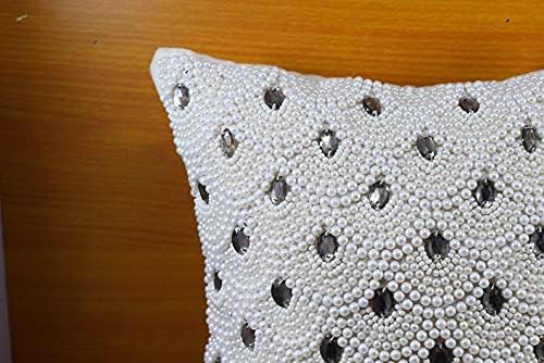 White Crystal Pearl Beaded Throw Pillow Cover for Decoration Luxury Contemporary Modern Pillow Embroidered Personalized Cushion Cover Gift (12 X 18 Inches)