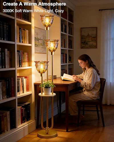 Image of Lightdot Glass Floor Lamp for Living Room Mid Century Modern Gold Floor Lamp with Amber Glass Shade 3000K Bulbs Included Tall Standing Lamp with 5Lbs Heavy Base for Bedroom /Sofa Beside /Corner Decor