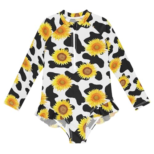 Girls Swimsuits Long Sleeve Bathing Suits Sunflower Cow Print UPF 50+ Sun Protection Swimwear 3-12 Years