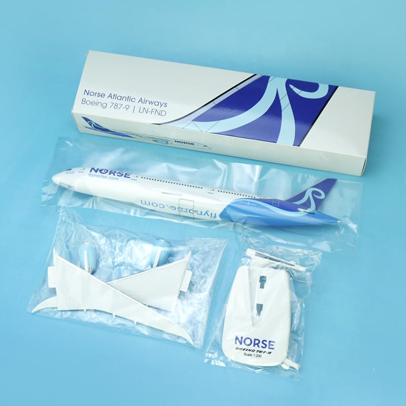 Modello Aereo Norse Atlantic Boeing 787-9 LN-FND 1/200 Scala Modello Aereo, perfetto per la visualizzazione, lunghezza 31,5 cm, viene fornito con un supporto