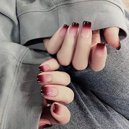 Poliphili 24Pcs Press On Glossy Chic Pink Red Gradient Medium Square False Nails Full Cover Artificial Acrylic Fake Nails