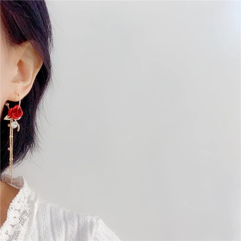 ANDPAI Unique Chic Long Tassel Chain Red Purple Rose Flower Dangle Drop Stud Earrings with White Sparkly Crystal for Women Statement Jewelry Gifts - Image 2