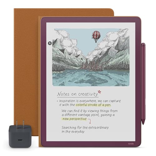 Image of Amazon Kindle Scribe Essentials Bundle - Amazon Kindle Scribe Colorsoft (64GB) - Fig, Premium Pen, Premium Leather Executive Folio Cover-Caramel,Power Adapter
