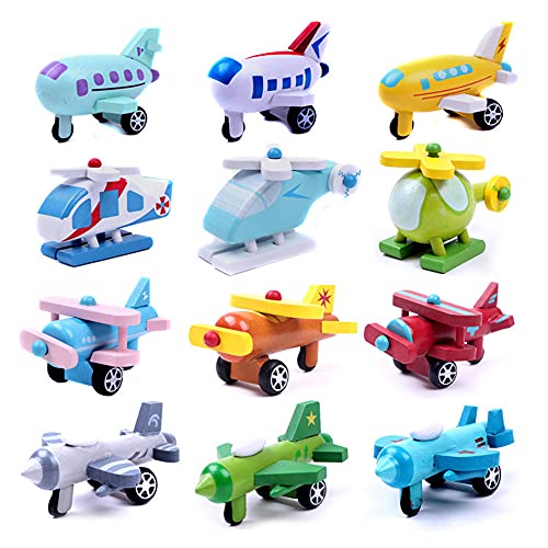 TEKOR 12 Wooden Mini Airplanes - Timeless Play - 3 Passenger Airplanes, 3 Fighter Jets, 3 Bi-Planes, and 3 Helicopters. Hand Painted in Bright Fun Colors. Great for Gentle Playing & Play Accessories