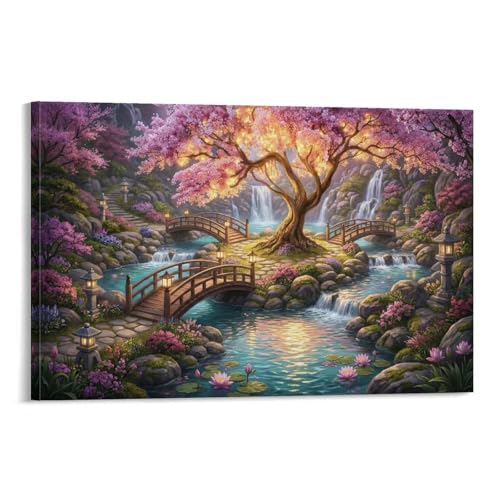 Jardin Japonais Sakura Tableau Toile pour Créer un Salon Zen Moderne