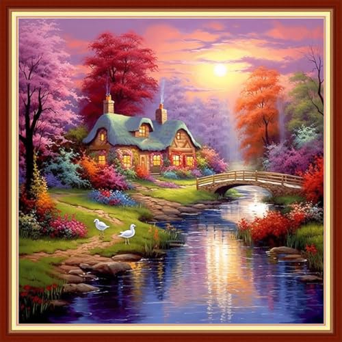 Image of Joyhoor Stamped Cross Stitch Kits for Beginners, Needlepoint Kits for Adults, 11CT Counted Embroidery Kits-Dream Home 18x18 inchs