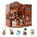 Mini Musikinstrumentenladen Puppenhaus Möbel Set, DIY Miniatur Puppenhaus, Musikladen Puzzle Modell mit LED Beleuchtung, kreatives Geburtstags Jungen und Mädchen
