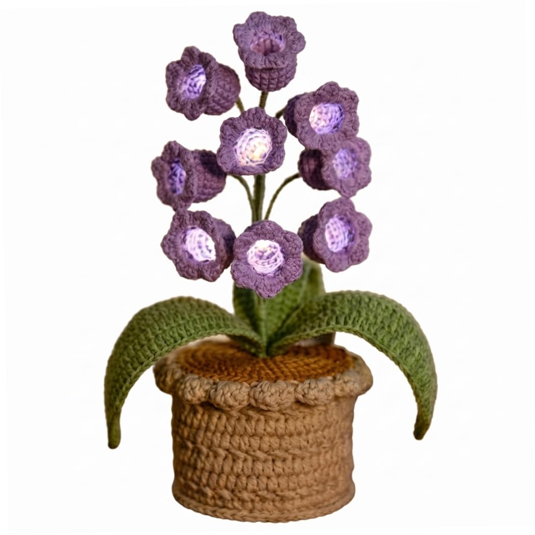 Neptuiby Lily Of The Valley Lamp Handcrafted Crocheted Flower Light, Crochet Plants with Warm Led Strings, Purple.