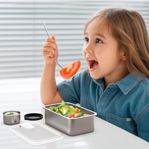 Image of Bakpoco Stainless Steel Bento Lunch Box for Kids, 33oz Leak-Proof Lunch Box Containers, Microwave-Safe, with Adjustable Divider, Convenient Metal Lunchbox for School, Travel