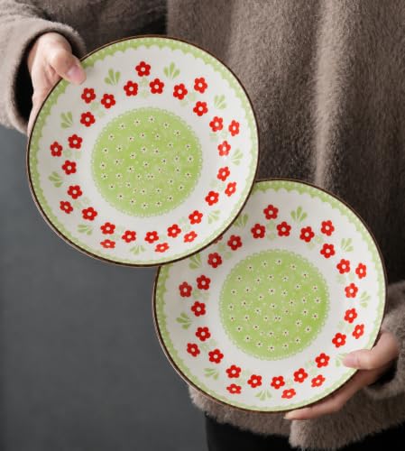 Image of Ceramic Pasta Plate, 20.4 cm Porcelain Dinner Plates, Microwave & Dishwasher Safe, Food Grade Ceramic, Deep Serving Plate for Pasta, Salad, Soup, Curry & Noodles (Green & Red Floral Design, PACK OF 4)