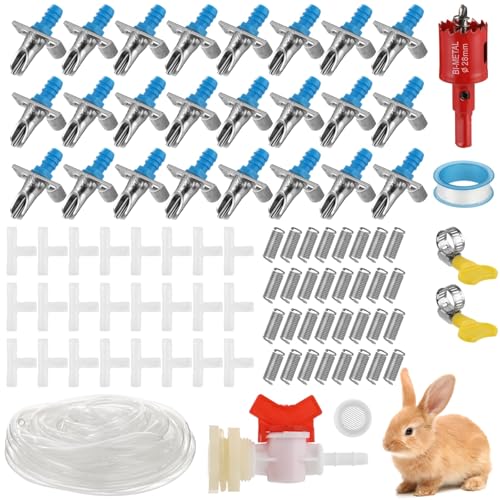 Skdqiee Automatic Rabbit Watering System Rabbit Automatic Waterer Kit 24 Pcs Drinkers with 5/16 Hose T-Fittings Springs Drill and Gasket for Bunny Chinchilla
