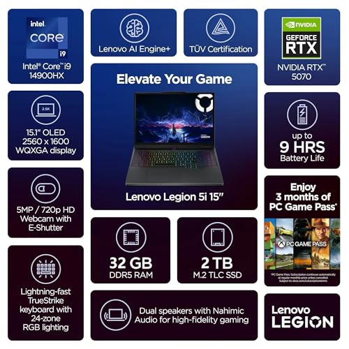 Image of Lenovo Legion 5 15.1 WQXGA OLED 165HZ Gaming Laptop, Intel Core i9-14900HX, NVIDIA GeForce RTX 5070, 32GB RAM 2TB SSD, Wi-Fi7, Backlit KB, Windows11, Eclipse Black, w /2TB USB Drive, W /GaLiMu