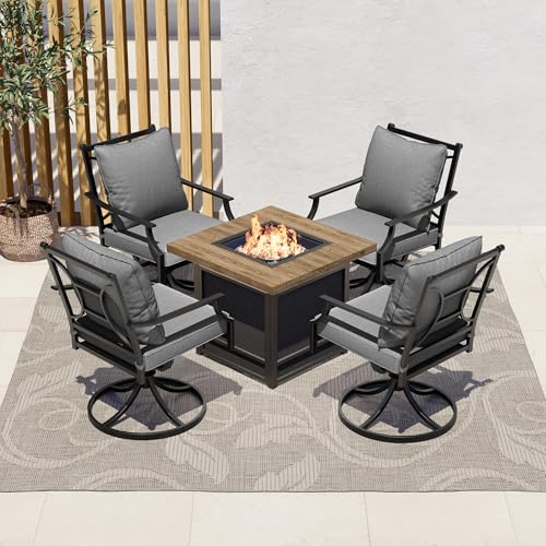 Grand patio Outdoor Conversation Set for 4‑Seat, Outdoor Swivel Rocker Dining Chair with Thickened Cushions & 29in 50,000 BTU Fire Table, Swivel Patio Dining Chairs Fire Table Set, Grey