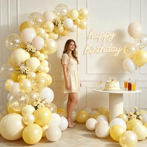 Image of Yellow and White Balloons Arch Kit Double Stuffed,Party Decor. | Light Pastel Pearl Yellow White Sand Confetti Balloons Latex, for Baby Shower Birthday Wedding Lemon Summer Decoration.