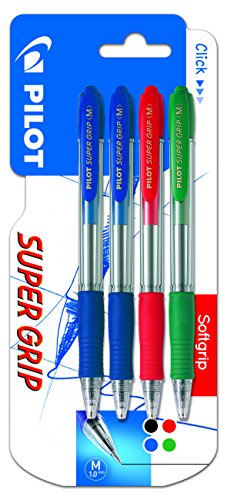 Pilot Supergrip - Bolígrafo retráctil. Tinta base aceite, Azul - Azul - Rojo - Verde, 4 unidades