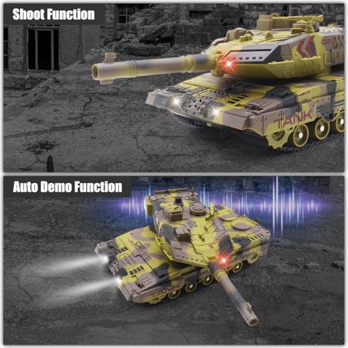 Hitish RC Panzer mit Schießfunktion für Kinder Erwachsene, 2,4G Ferngesteuerter Armee Tank Spielzeug mit Auto-Demo Sound Licht Rauch, 13-Kanal Militärfahrzeugmodell Geschenk für Jungen, Beige