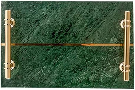 StonePlus Natural Luxury Marble Tray, Bathroom Vanity Tray, Cosmetics Jewellery Perfume Tray with Metal Handles (Dark Green)