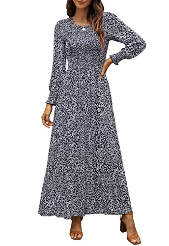 Annebouti Women's 2024 Fall Casual Long Sleeve Maxi Dress A Line Petite Boho Tiered Floral Smocked Ladies Flowy Baby Shower Wedding Guest Long Dresses for Women Navy S