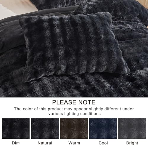 Image of EMME Faux Fur Duvet Cover Queen Size, 3 Pieces Ultra Soft Fluffy Comforter Cover, Cozy Warm for Winter, Luxury Elegant Shaggy Bubble Design Bedding, 1 Duvet Cover & 2 Pillow Shams (Queen, Black)