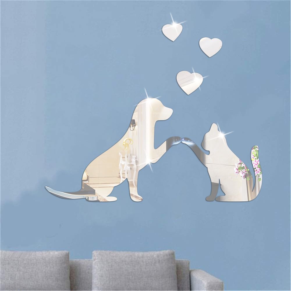 Hosoncovy Acrylic Mirror Wall Stickers Mirror Art DIY Home Decorative Dog and Cat Pet 3D Wall Art Decor for Home Living Room Bedroom Wall Decoration (Silver)