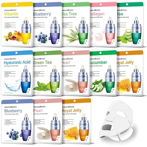 【Orangeroses】 13 Pcs Combo Vital Ampoule Sheet Mask, Korean Facial Skincare Sheet | Simple & Effective Skincare Routine | Moisturization | Wrinkle Care | Brightening (New Upgraded Mask) Cover