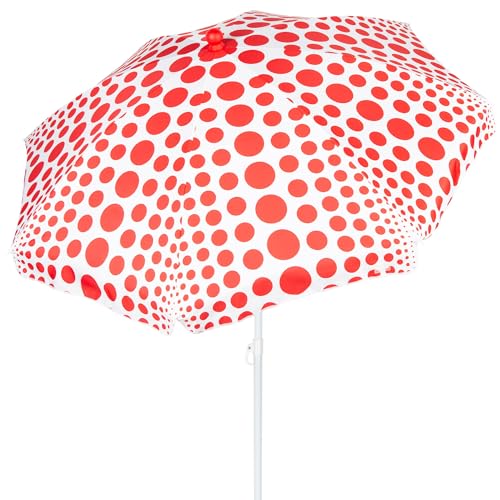 AKTIVE Sombrilla de playa 200 cm, 8 varillas, Estampado lunares rojos, Protección UV50, Mástil de acero inclinable y regulable en altura, Ligera y desmontable, Funda con asa de hombro incluida (62425)