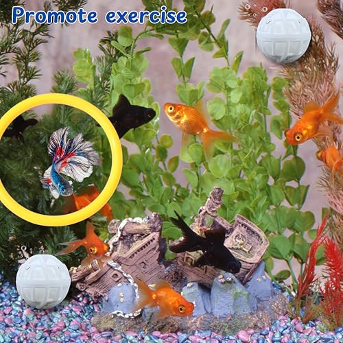 Image of Betta Fish Enrichment Toys Ring and Filter Balls set, Fishes Ring Enrichment Toy and Tank Cleaner Ball, Aquarium Feeding Rings with Nitrifying Balls, Betta Fish Tank Accessories (Yellow, 6.4cm)