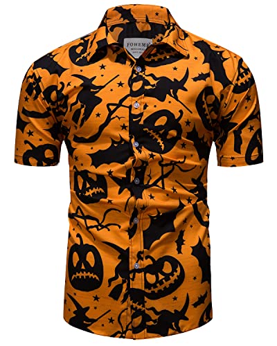 fohemr Mens Halloween Shirts Ugly Pumpkin Bat Print Short Sleeve Button Down Casual Hawaiian Shirt Witch Dress Orange X-Large
