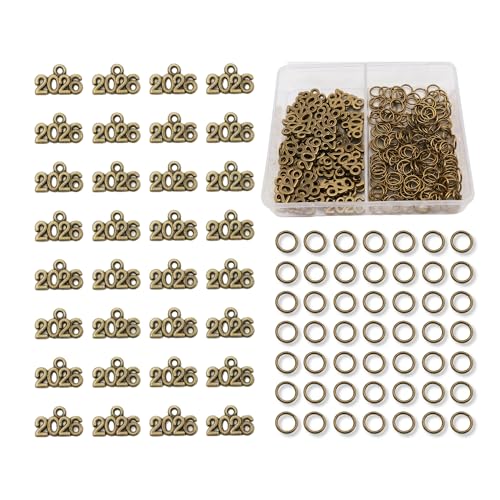 Ertar100PCS 2026 Graduation Charms with Matching Jump Rings Charm Kit with Storage Box for Tassels Bracelets Necklaces Keychains and DIY Crafts(Antique Bronze-Mini)