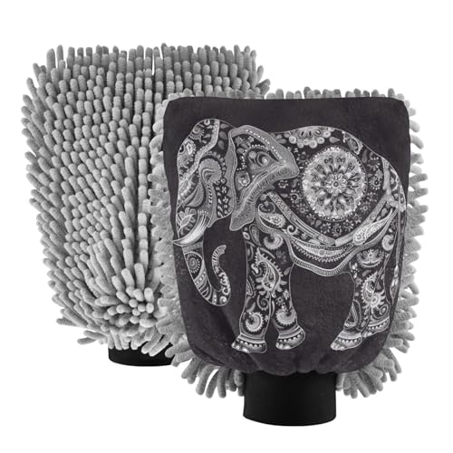 ALAZA Elephant Paisley Car Wash Mitt Scratch Free, 2 Pack Absorbent Microfiber/Chenille Washing & Drying Mitts, L