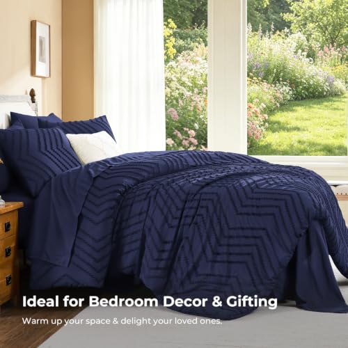Image of Litanika California King Size Comforter Set with Sheets Navy Blue - 7 Pieces Bed in a Bag Cal King Chevron Tufted Complete Bedding Sets with Comforter, Sheets, Pillowcases & Shams