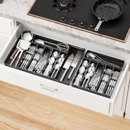 Yieach Black Expandable Silverware Organizers for Kitchen Drawers,Large 8 Grid Silverware Tray and Cutlery Drawer Organizer,BPA Free Kitchen Utensil Organizer for Knife,Spoons Forks Set Flatware Tray - Image 6