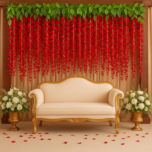 Image of Tia Crafts Polyester Artificial Hanging Flowers For Ceiling Balcony | Wisteria Vine | Home Party Decor Garden Outdoor Greenery Office Wall Decoration | Waterproof Washable - 3.7Ft /45 Inch (Red, 6)