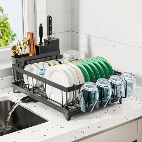Multibao Dish Drainer Rack - Space Saving Dish Rack for Kitchen Counter Kitchen Dish Drainer with Utensil Holder Drain Board Cutlery Cup Holder Large Black