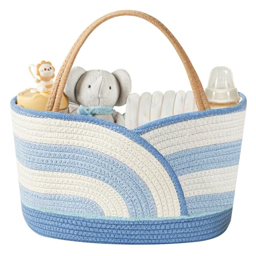BG-BABYGO Organizador de pañales para bebé, cesta portátil de cuerda de algodón para artículos esenciales para recién nacidos, lista de baby shower para niños y niñas (azul y blanco)