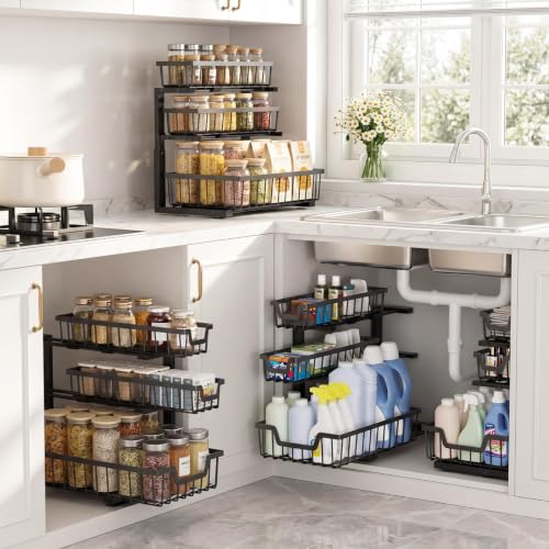 Under Sink Organizer, 2-Pack 3-Tier Height Adjustable Thickened Metal Pull out Cabinet Organizer Shelf, Slide out Storage Drawer Rack for Bathroom Kitchen Pantry Home Laundry Organization (Black) - image 6