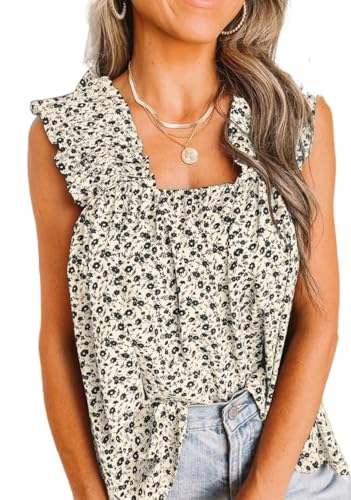 PRETTYGARDEN Sleeveless Pleated Square Neck Ruffle Sleeve Floral Tank Tops for Women Trendy Spring 2025 Flowy Boho Blouse (Apricot, XL)