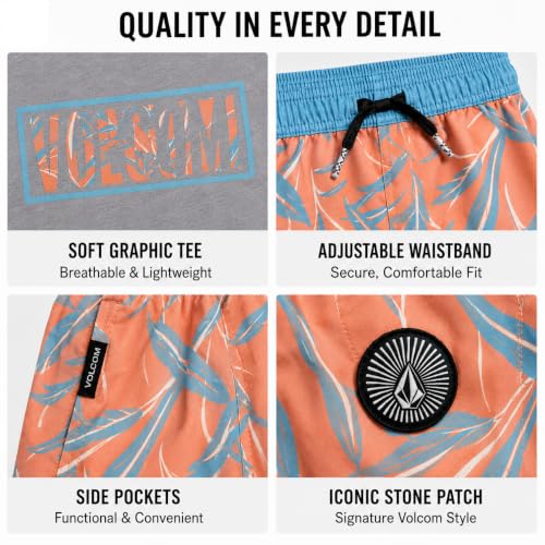 Image of Volcom Baby Boys Swim Set - 2 Piece Short Sleeve Swim Shirt Graphic Tees & Board Shorts - Infant Toddler Little Boys Swimsuit