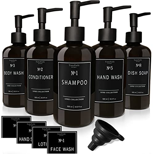 Refillable Shampoo And Conditioner Bottles - Empty Soap Dispenser Set Of 5 (16.9Oz) - Plastic Bathroom Shower Dispensers For Body Wash Lotion Hand & Dish Soap (Amber Bottles - Black Labels) #TOP26